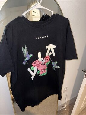 YoungLA Black Tee with Pink Floral and Hummingbird Graphic